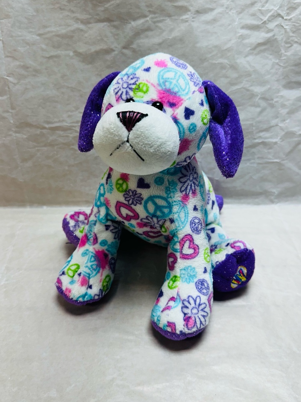 WEBKINZ GANZ Plush Puppy Toy - Purple & Multicolor Peace Signs